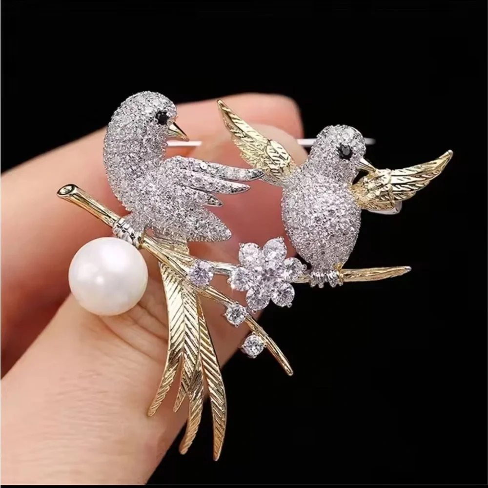 Anthro! New! Vintage zircon Silver and Gold Bird Brooch